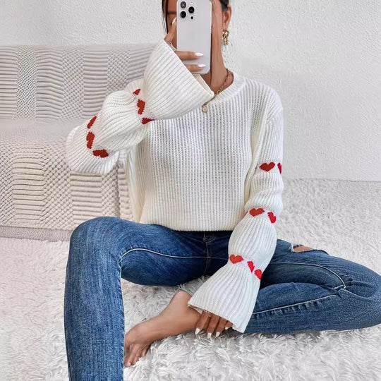 Damen kuscheliger Strickpullover mit modellierenden Ärmeln und Herzmotiv EB