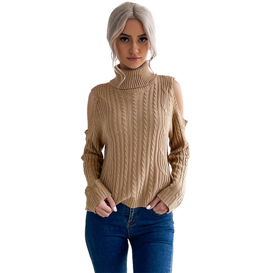 Damen Rollkragenpullover mit Zopfmuster und Schulter-Cutouts EB