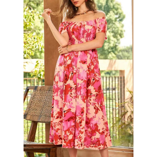 Damen Off-Shoulder Midikleid im floralen Design mit elastischem Oberteil und voluminösem Rock EB