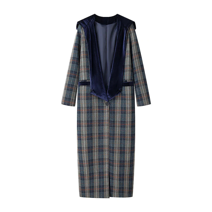 Damen Langblazer mit elegantem Karomuster und Samtkragen EB