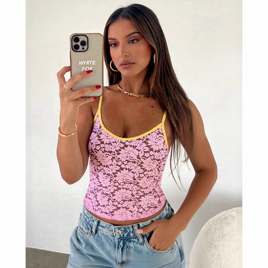 Damen Spitzen-Crop-Top mit kontrastierendem Saum EB