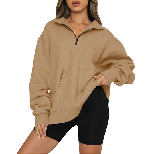 Damen nan Oversize-Halbzip-Kapuzenpullover mit Kängurutasche und verlängertem Saum EB