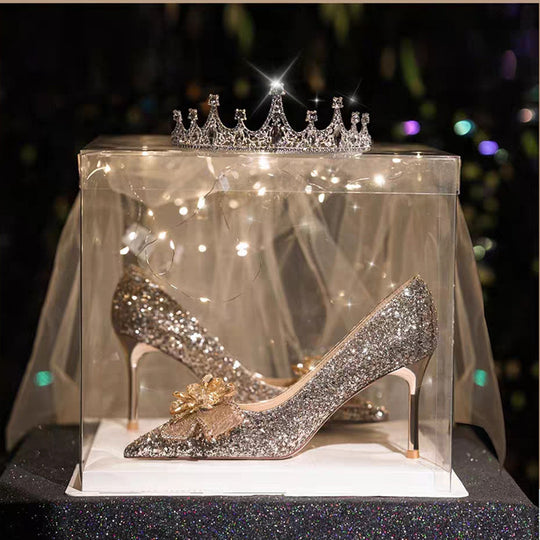 Damen Glamouröse hochhackige Glitzer-Pumps mit eleganter Schleifenverzierung EB