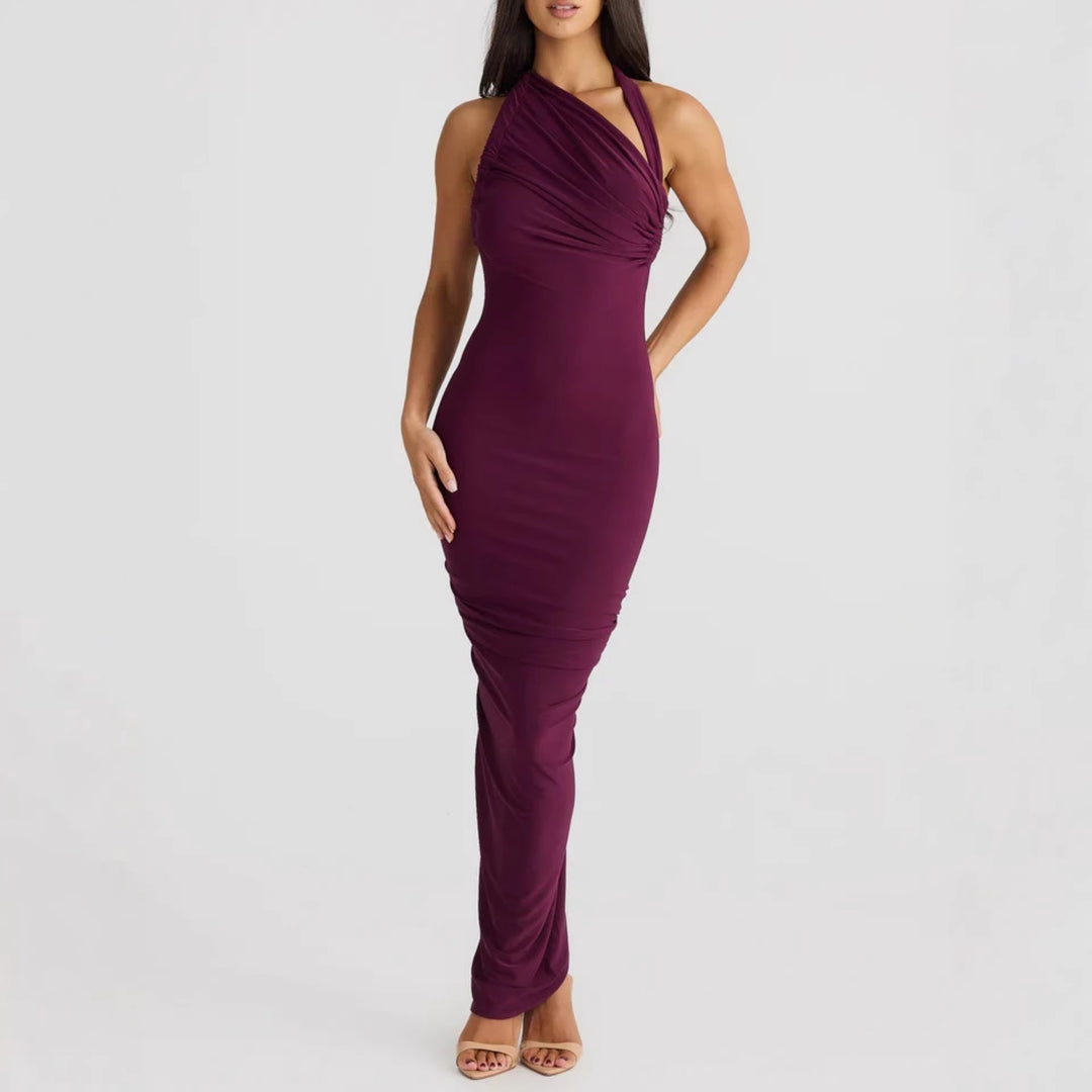 Damen Elegantes langes Wickelkleid mit schulterfreiem Design und gerafftem Oberteil EB