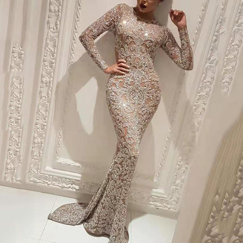 Damen Glamouröses Hochzeitskleid mit funkelnden Pailletten und langen Ärmeln EB