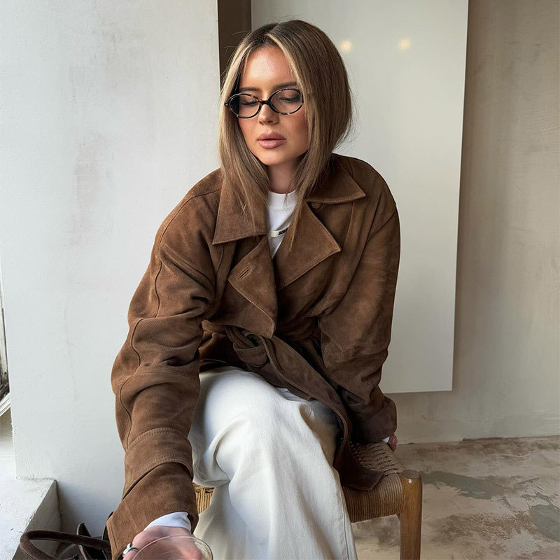 Damen Übergangsjacke im modernen Wildleder-Look mit Taillengürtel und weit geschnittenen Ärmeln EB