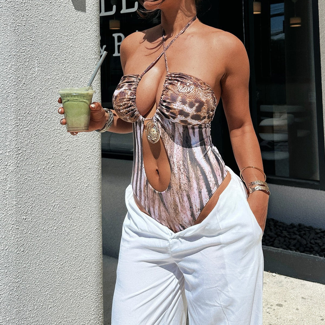 Damen Einteiliger Badeanzug mit aufregendem Tiermuster und Cut-Out-Detail EB