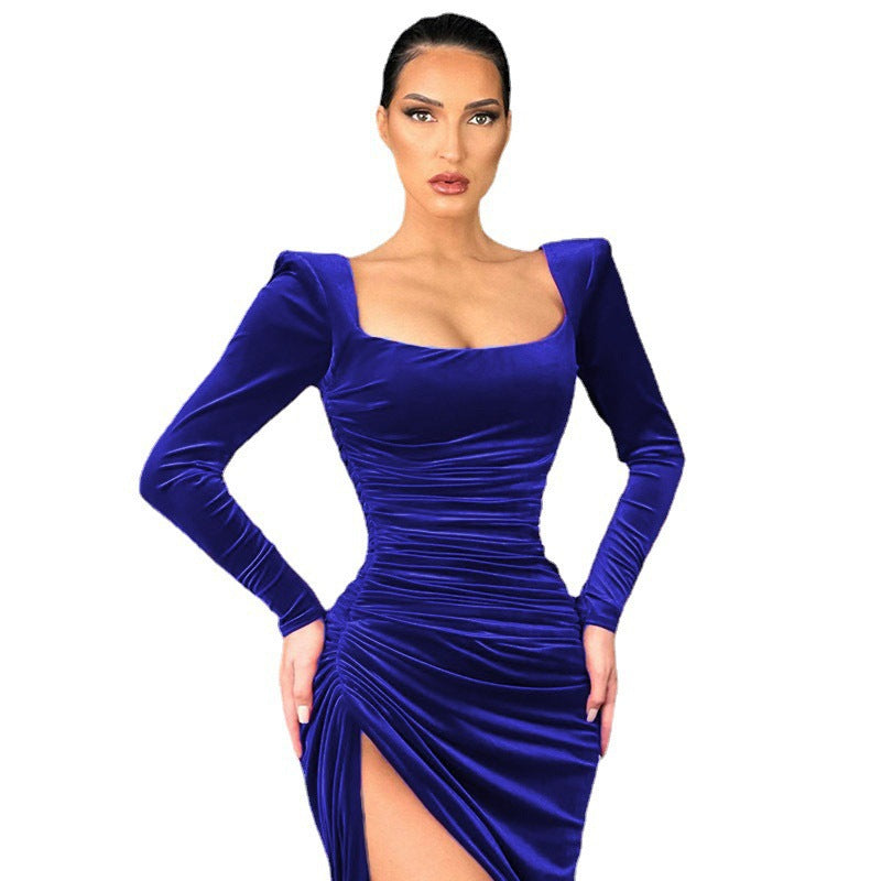 Damen elegantes Raffungskleid mit tiefem Schlitz und Puffärmeln EB