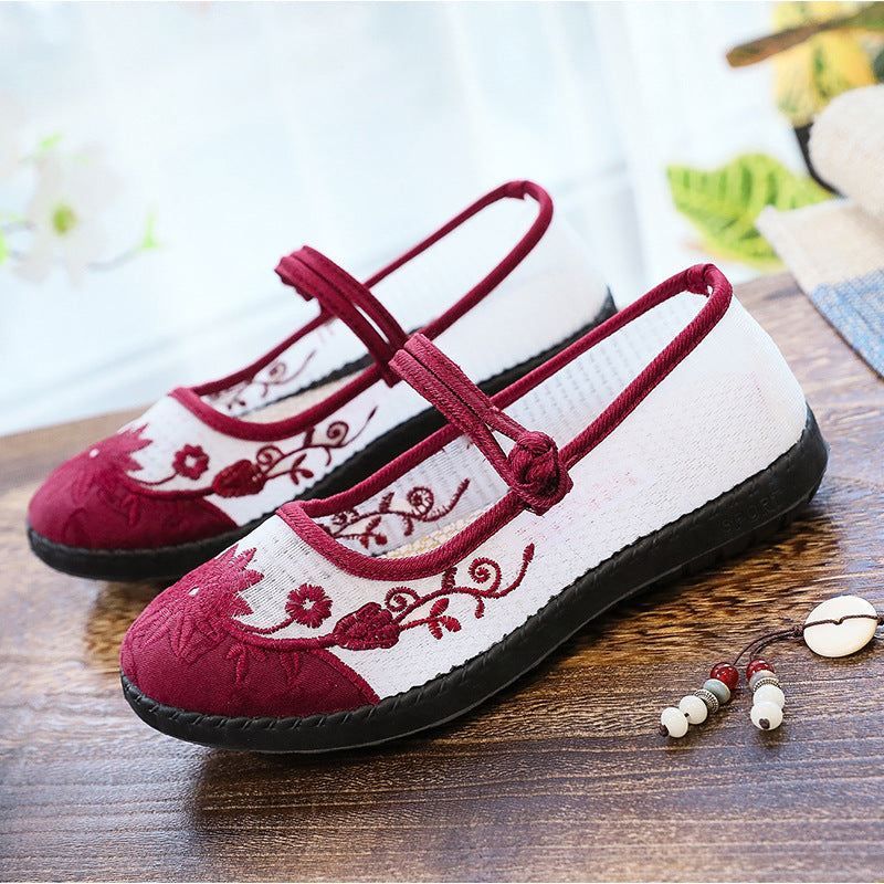 Damen Ballerinas mit handbesticktem Blumendesign und elastischem Riemen EB