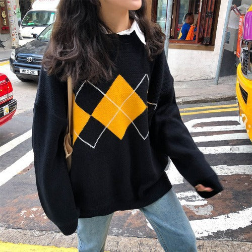 Damen Grobstrickpullover mit modernem Karomuster und lässigem Oversized-Schnitt EB