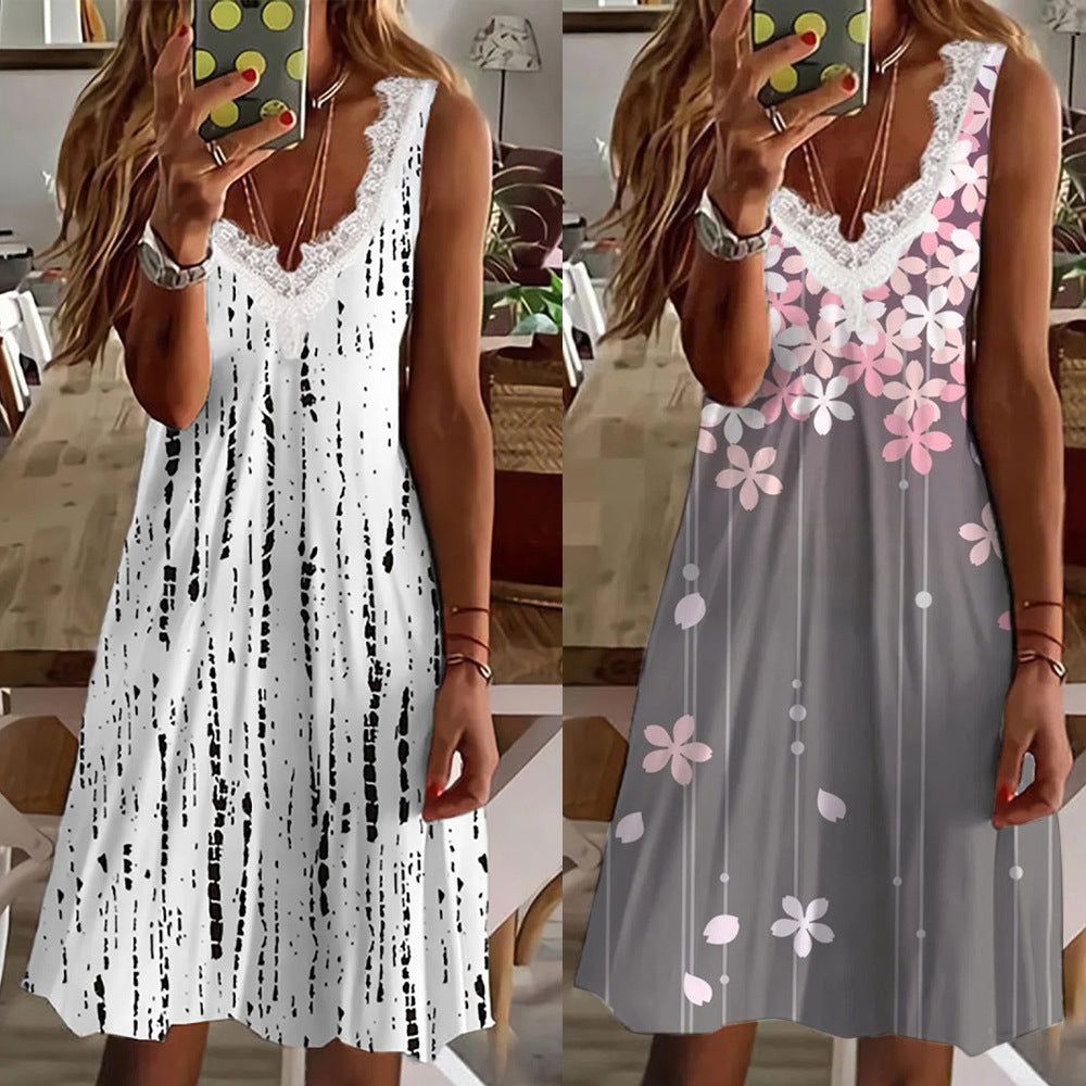 Damen Maxikleid mit Spitzenelementen und modernen Streifen EB