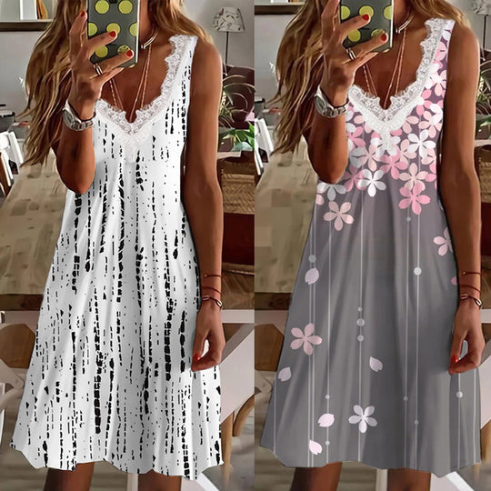 Damen Maxikleid mit Spitzenelementen und modernen Streifen EB