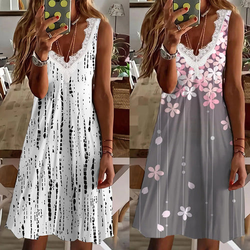 Damen Maxikleid mit Spitzenelementen und modernen Streifen EB