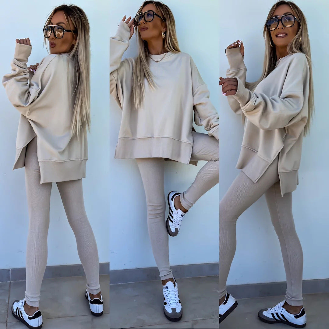 Damen nan Oversize Sweatshirt mit taillierten Rib-Leggings Set EB