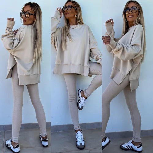 Damen nan Oversize Sweatshirt mit taillierten Rib-Leggings Set EB