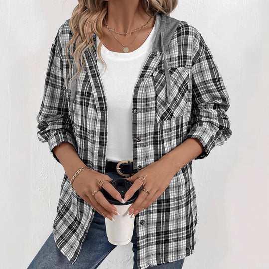 Damen lässige Flanellhemdjacke mit Kapuze und Karomuster EB