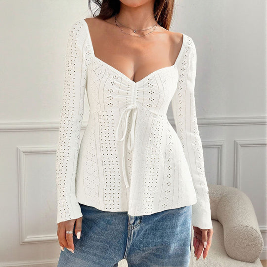 Damen besticktes Broderie-Anglaise Langarm-Top mit Raffung, V‑Ausschnitt‑Effekt und tailliertem Schößchen Eichborn Berlin