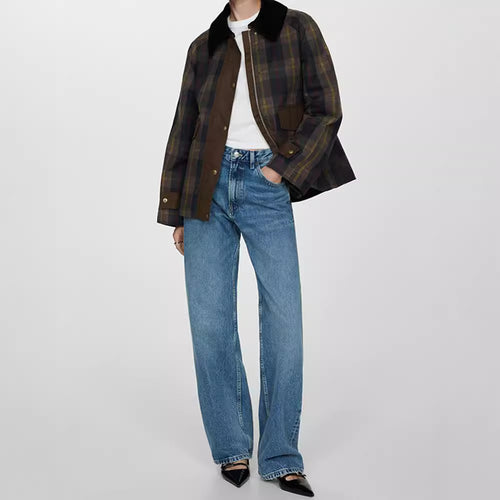 Damen Karierte Jacke mit weichem Cordkragen EB
