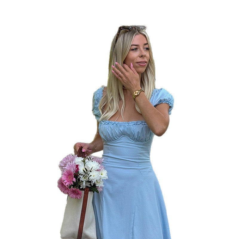 Damen Maxi-Kleid mit voluminösen Puffärmeln und elastischem Ausschnitt EB