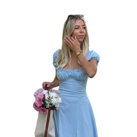 Damen Maxi-Kleid mit voluminösen Puffärmeln und elastischem Ausschnitt EB