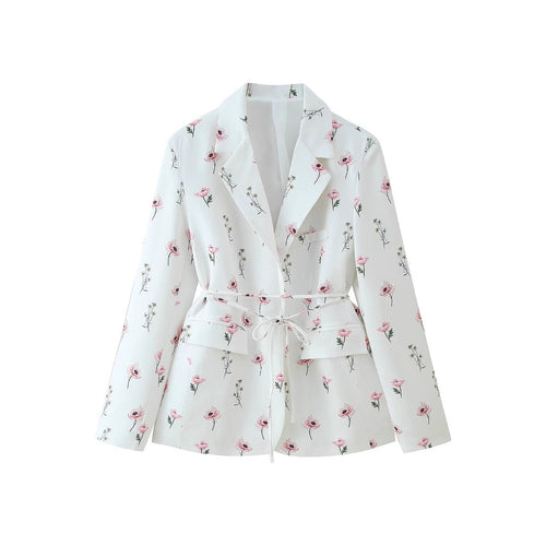 Damen stilvolle Blazerjacke mit floralem Design und tailliertem Gürtel EB