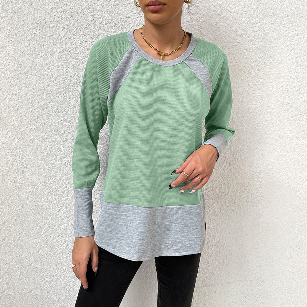 Damen lässiges Langarmshirt mit Waffle-Struktur und Kontrastärmeln EB