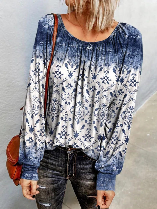 Damen Ethno-Print Oversize-Tunika mit Rundhalsausschnitt und langen Ballonärmeln EB