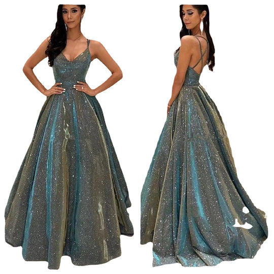 EB | Damen Spaghettiträger V-Ausschnitt A-Linie Glitzer Maxikleid