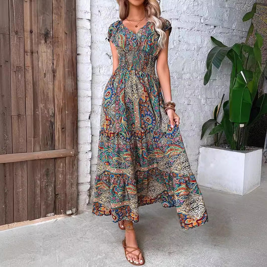 Damen Elegantes Maxikleid mit Floral- und Smock-Detail EB