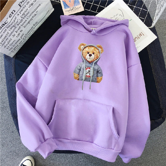Unisex nan lässiger Oversize Kapuzenpullover mit Teddy-Frontprint, Kängurutasche und weichem Fleece-Innenfutter EB
