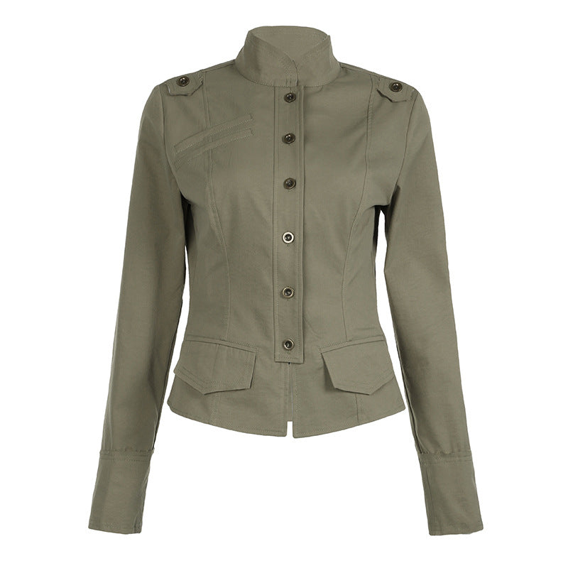 Damen nan taillierte Utility‑Militärjacke mit Stehkragen, Schulterpatten und aufgesetzten Pattentaschen EB