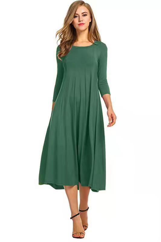 EB | Quadrat-Ausschnitt 3/4-Lange Uni-Farbe Midi-Kleid