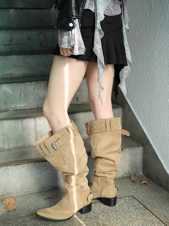 Damen kniehohe Stiefel mit robustem Absatz und stylishen Riemendetails EB