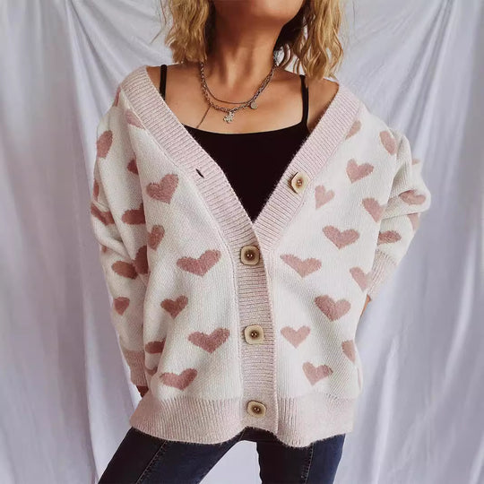 Damen Strickjacke mit herzförmigem Muster und knöpfbarem Design EB