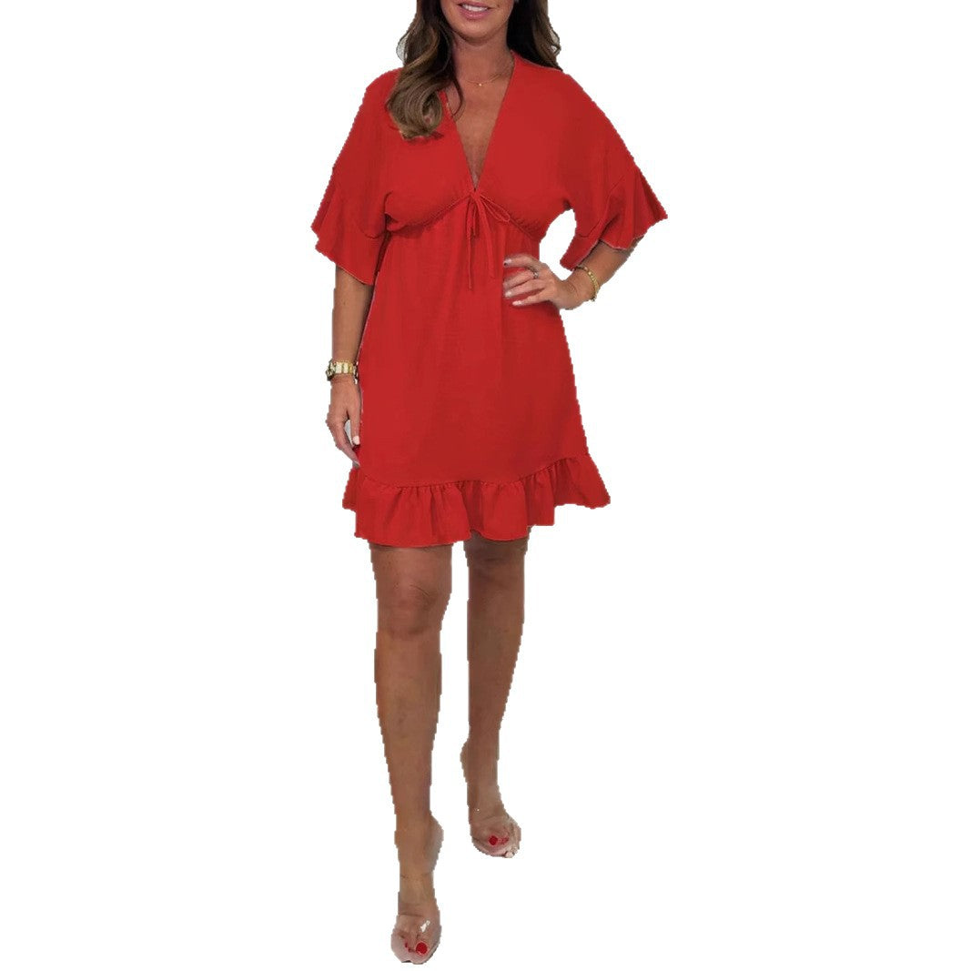 Damen sommerliches Wickelkleid mit fließenden Ärmeln und Rüschensaum EB