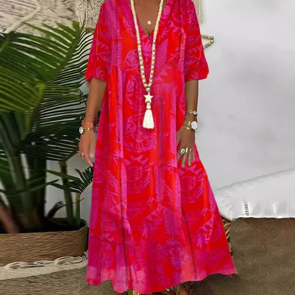 Damen elegantes Maxikleid mit floralen Motiven und V-Ausschnitt Heidi-Mode