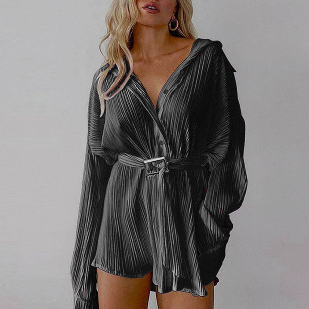 Damen nan plissiertes Hemdkleid mit Taillengürtel und verdeckter Knopfleiste EB