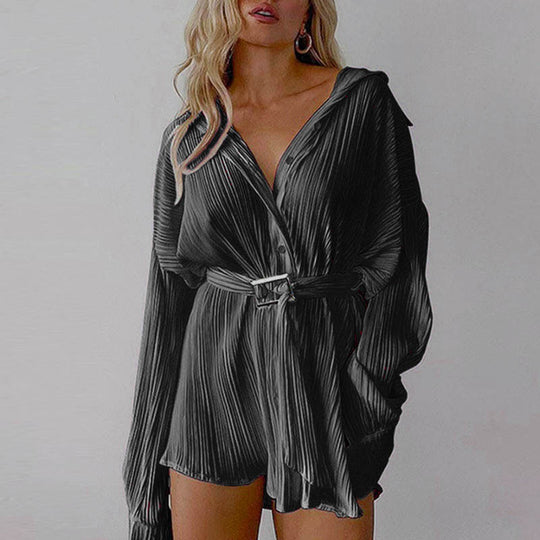 Damen nan plissiertes Hemdkleid mit Taillengürtel und verdeckter Knopfleiste EB
