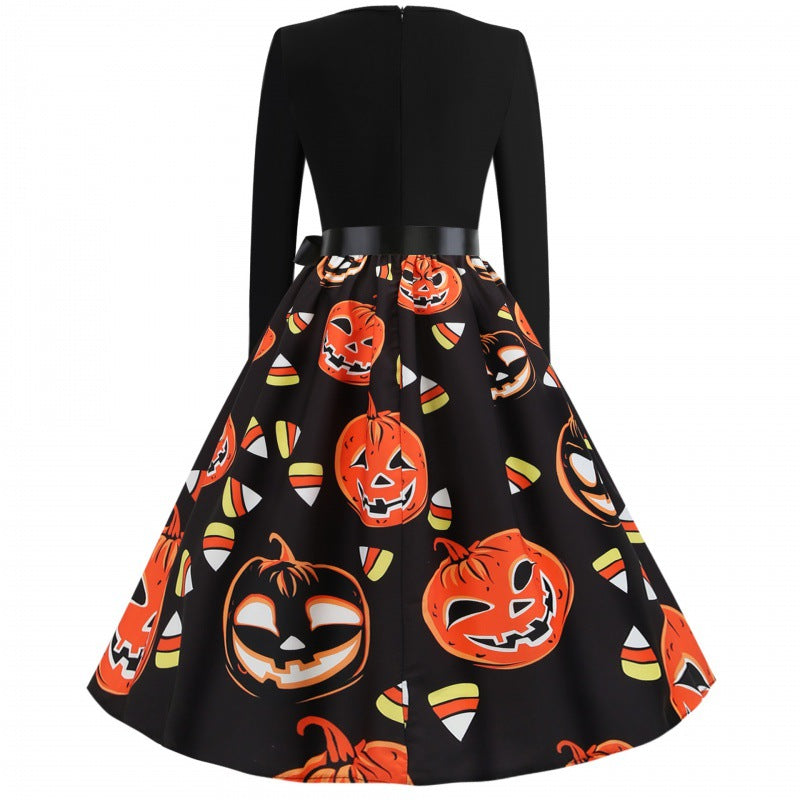 Damen Retro Swing-Kleid mit Halloween Kürbisprint und Taillenschleife EB