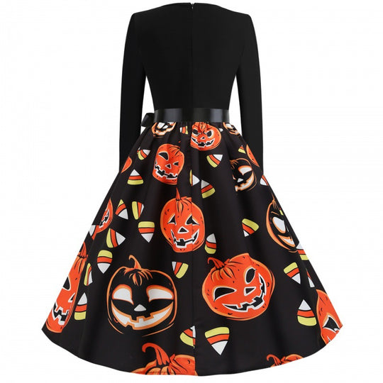 Damen Retro Swing-Kleid mit Halloween Kürbisprint und Taillenschleife EB