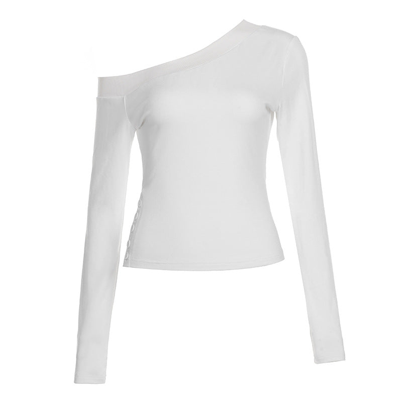Damen nan schulterfreies Langarmshirt mit taillierter Silhouette und seitlicher Knopfleiste EB