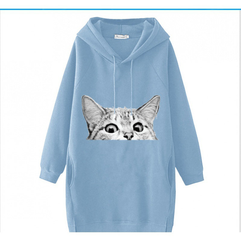 Damen Oversize Kapuzenkleid aus Sweat mit großem Katzenprint und Seitentaschen EB