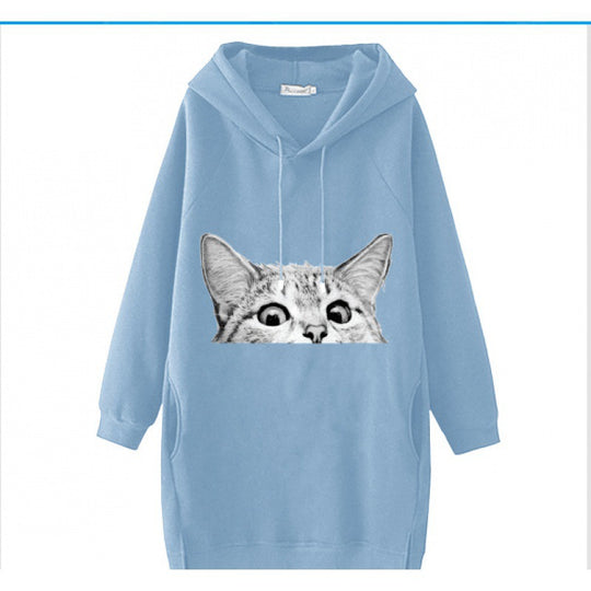 Damen Oversize Kapuzenkleid aus Sweat mit großem Katzenprint und Seitentaschen EB