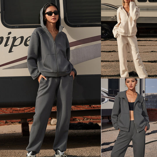Damen nan athletisches Freizeit-Set mit Zip-Hoodie im Oversize-Schnitt und taillenhoher Komfort-Jogginghose EB