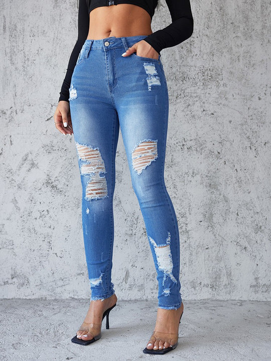 Damen Skinny Jeans mit modischen Ripped-Details und hohem Bund EB