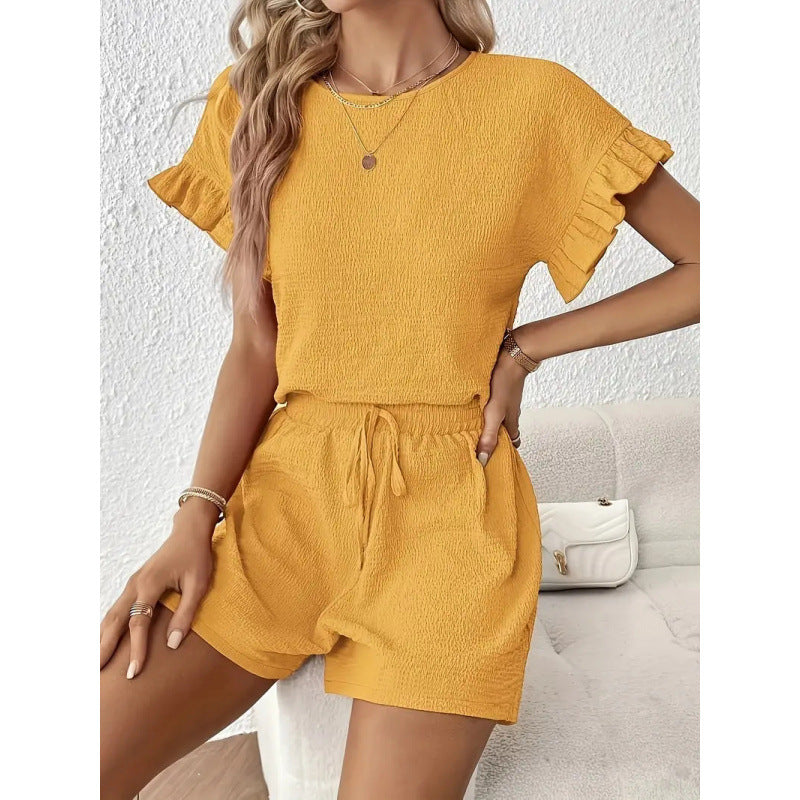 Damen lässiger Shortsanzug mit Rüschendetails und elastischem Taillenzug EB