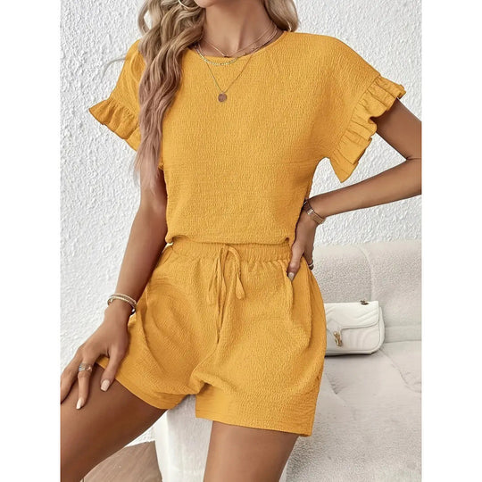 Damen lässiger Shortsanzug mit Rüschendetails und elastischem Taillenzug EB