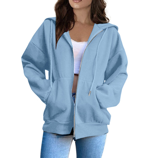 Damen nan lässige Kapuzenjacke mit durchgehendem Reißverschluss, Kängurutaschen und voluminösen Raglanärmeln EB