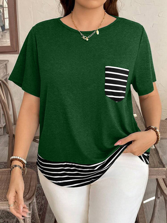Damen Legeres T-Shirt mit gestreiftem Saum und Brusttasche EB