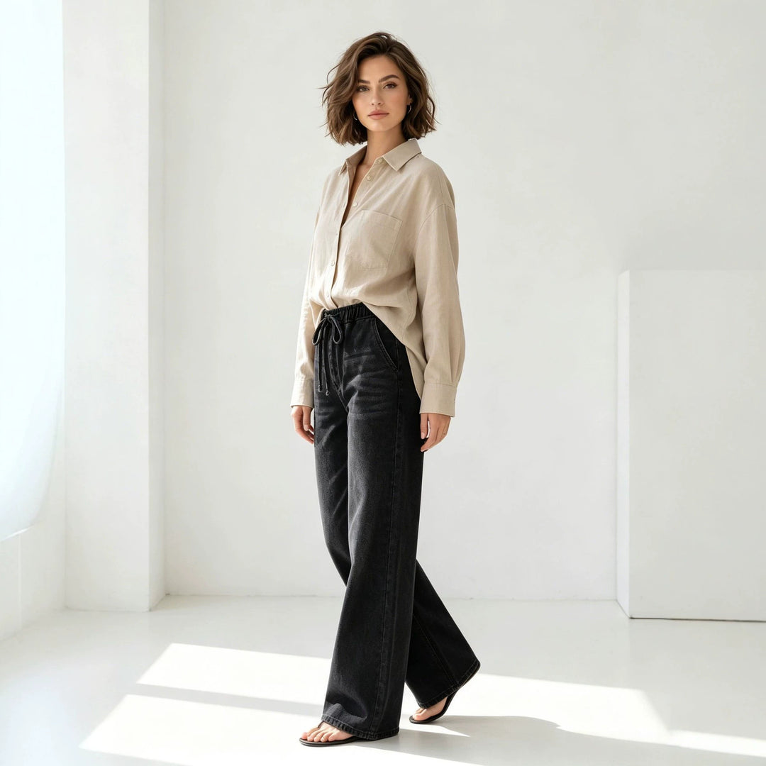 Damen nan Relaxed-Fit Denim-Hose mit elastischem Tunnelzugbund, dezentem Used-Effekt und weitem Bein EB